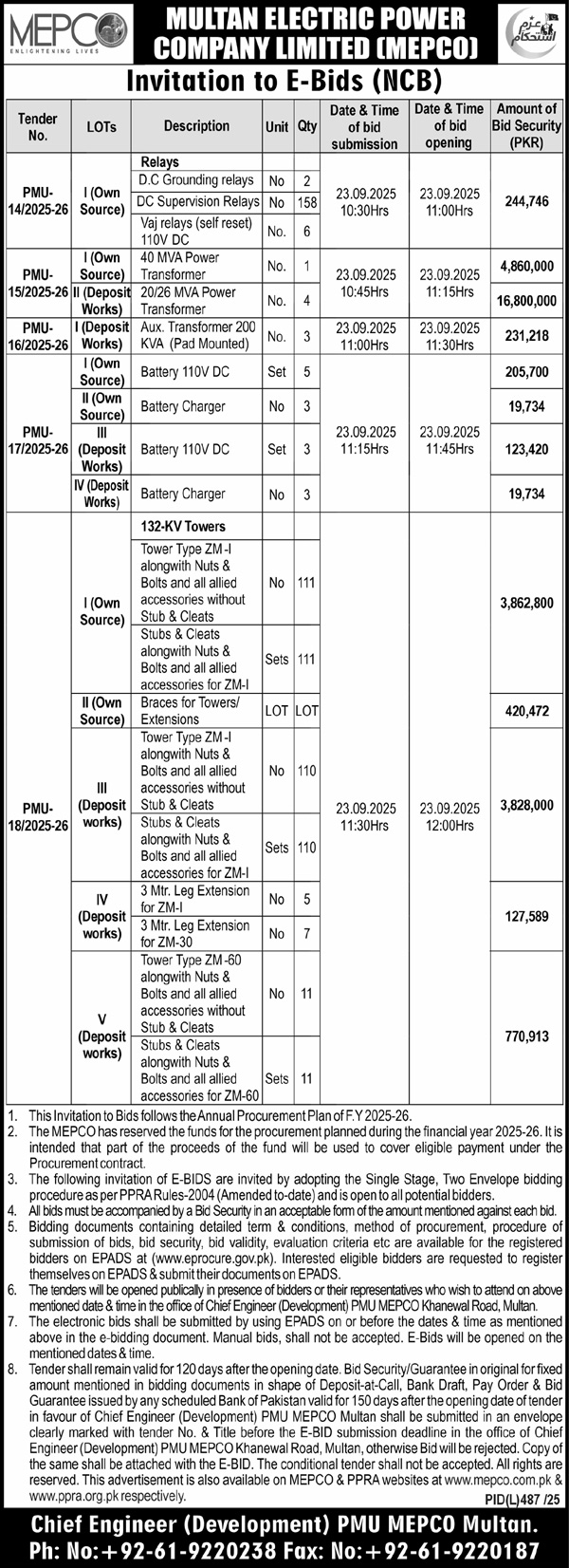 Multan Electric Power Company Limited Tender Notice